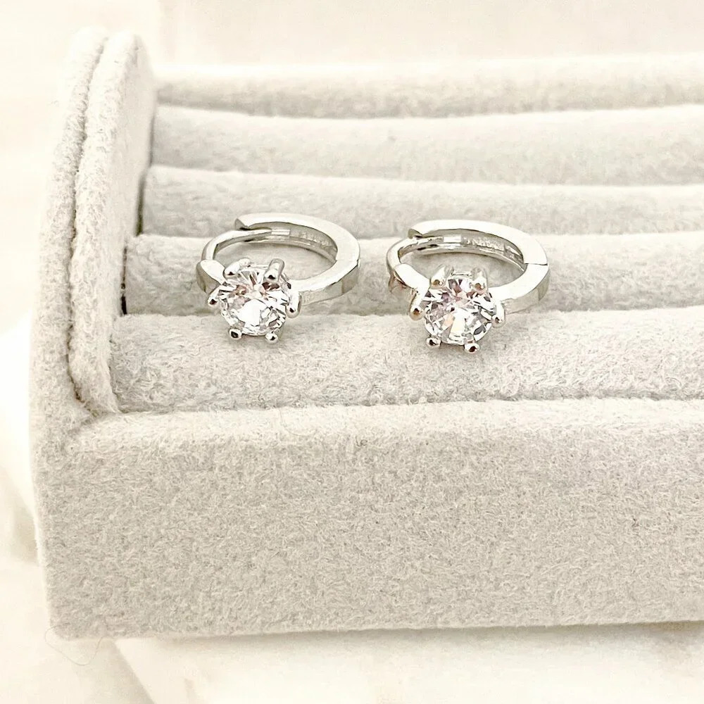 925 Sterling Silver Diamond Huggie Hoop Earrings Silver Huggie Earrings - Picture 2 of 6